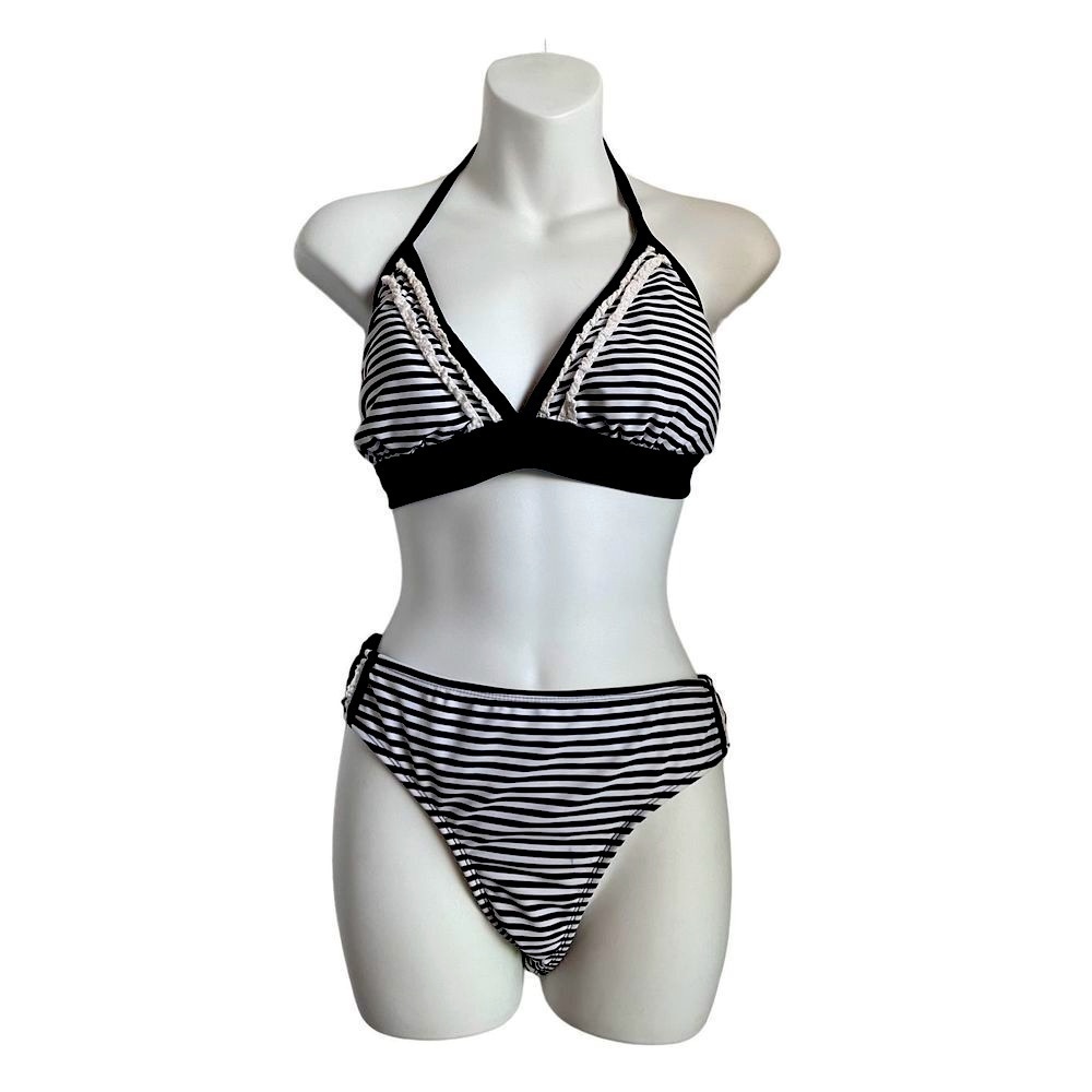 Catalina Lace Striped Black White Bikini Set Large